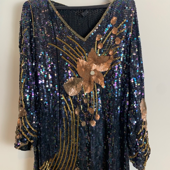 Chloe Silk Black Sequin Flower 3/4 Sleeve Dress Size L - Picture 2 of 11